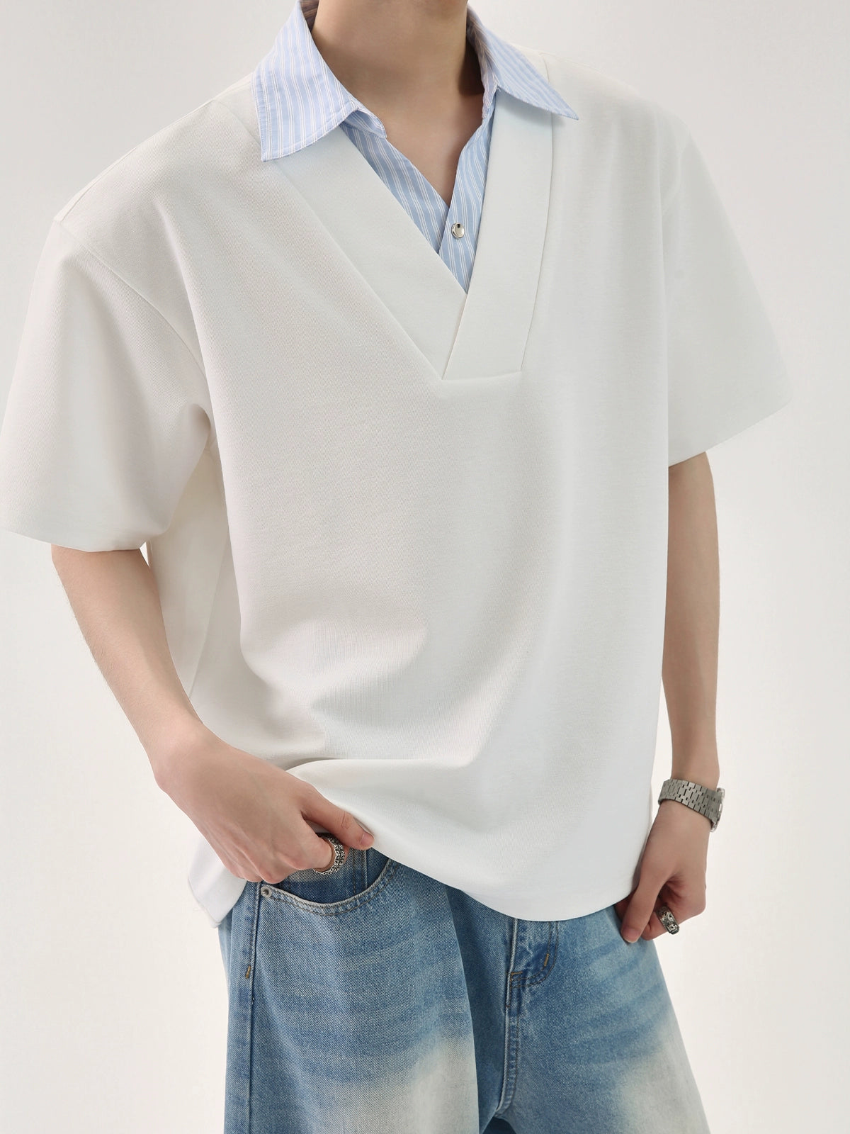 T-shirt with Faux Layered Blue Striped Shirt Collar and Placket