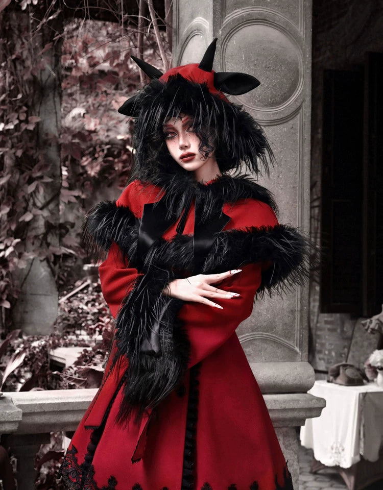 Crimson Faux Fur Trim Gothic Coat Dress
