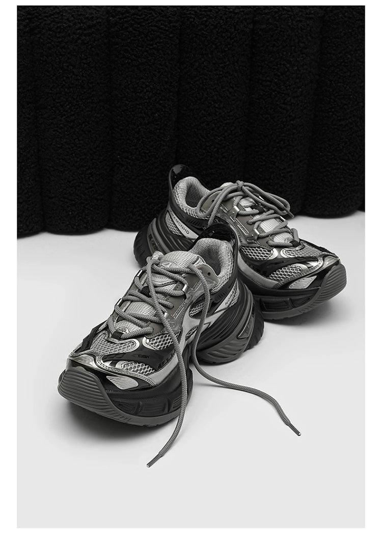 Chunky Futuristic Sneakers with Mesh Panels and Crisscross Detailing