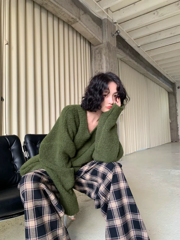 Fuzzy V-Neck Oversized Sweater