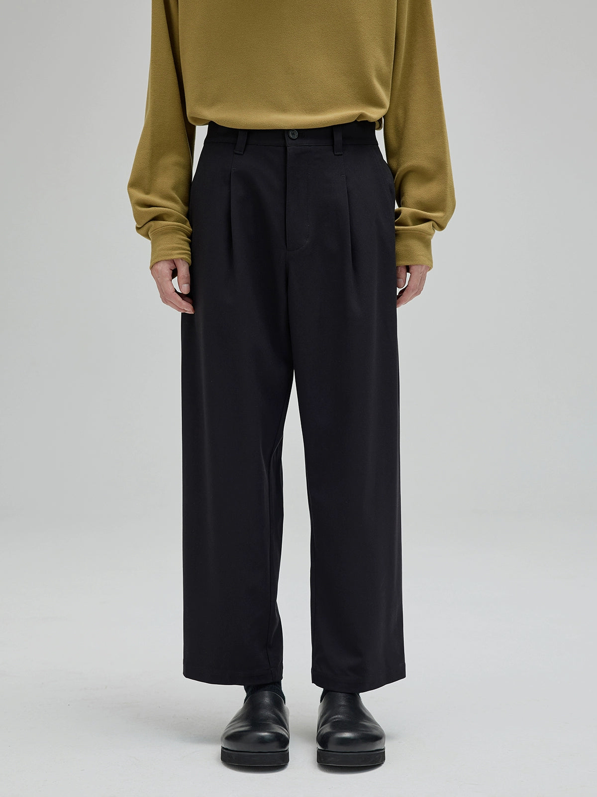 Semi-Elastic Waist Wide-Leg Straight Cropped Pants