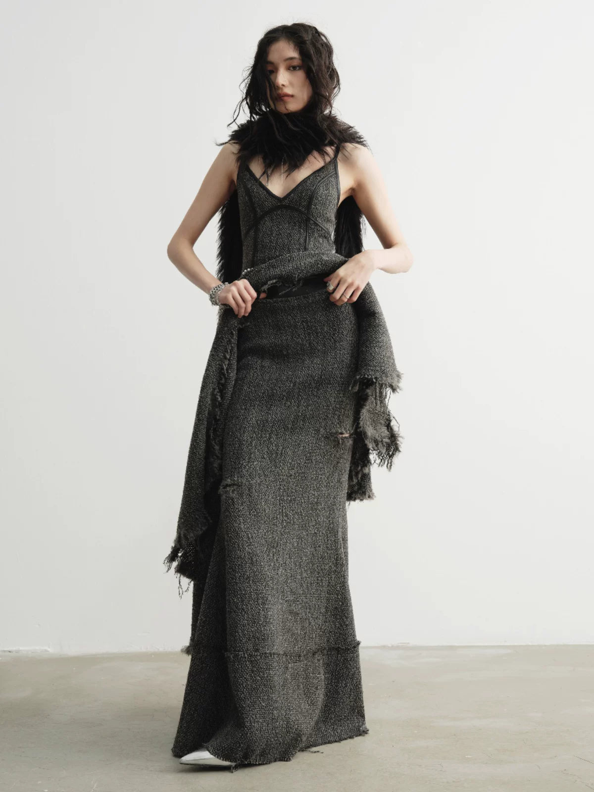 Charcoal Distressed Tweed Mermaid Skirt