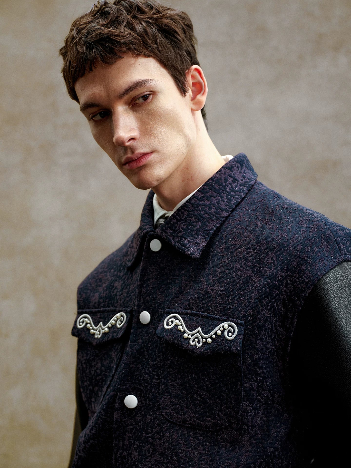 Pearl Embellished Contrast Sleeve Varsity Jacket