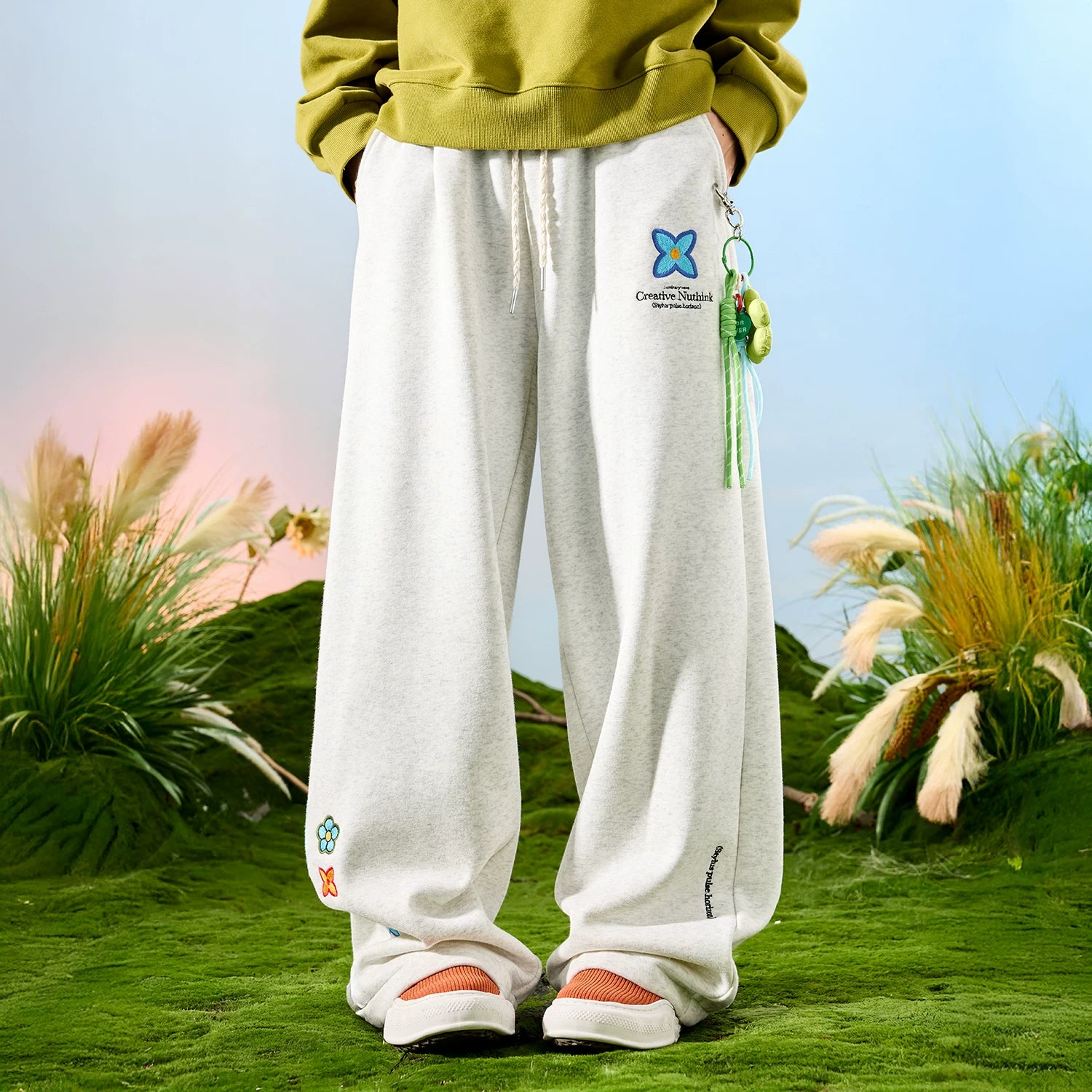 Embroidered Floral Drawstring Wide-Leg Sweatpants
