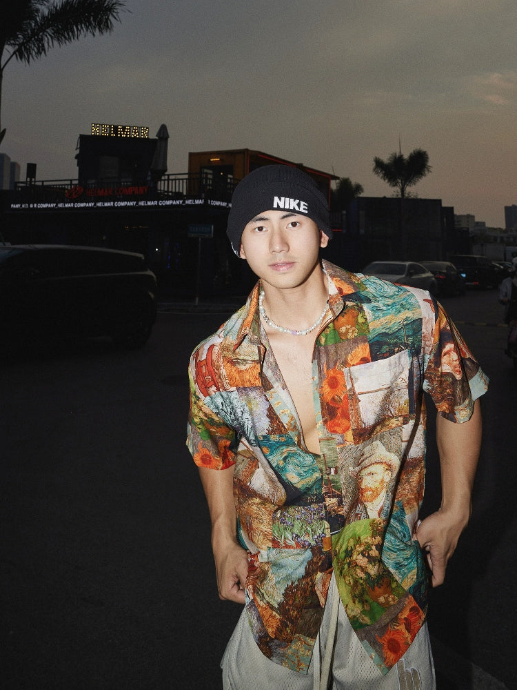 Van Gogh Print Short-Sleeve Button-Up Shirt