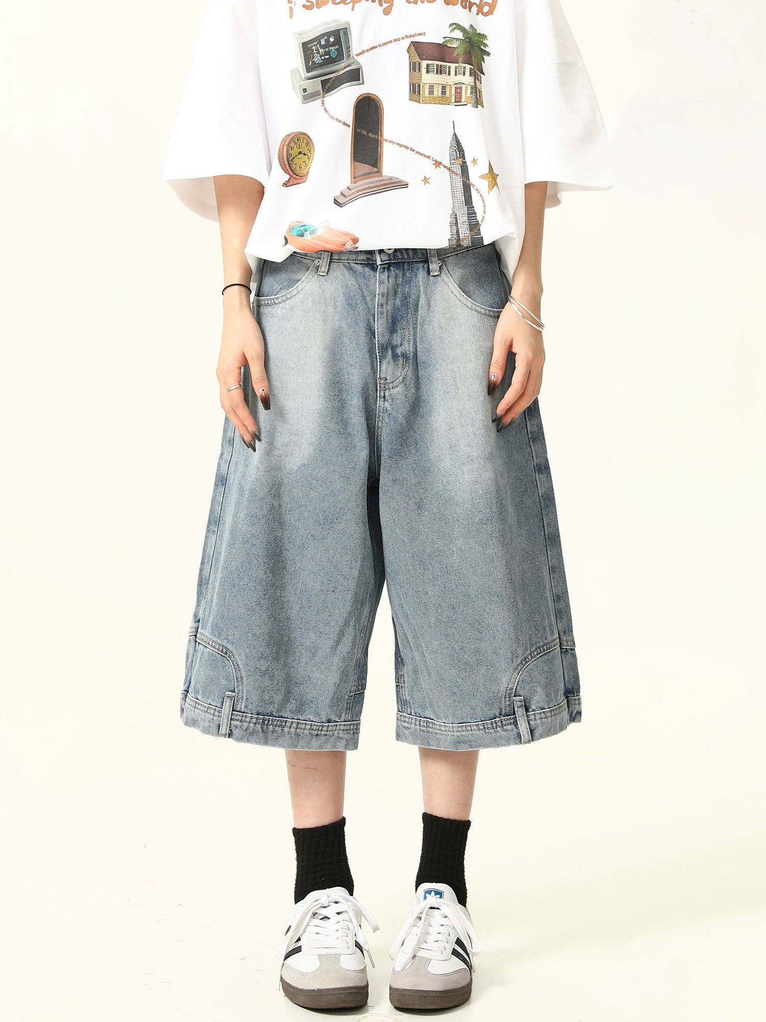Wide-Leg Denim Culotte Shorts
