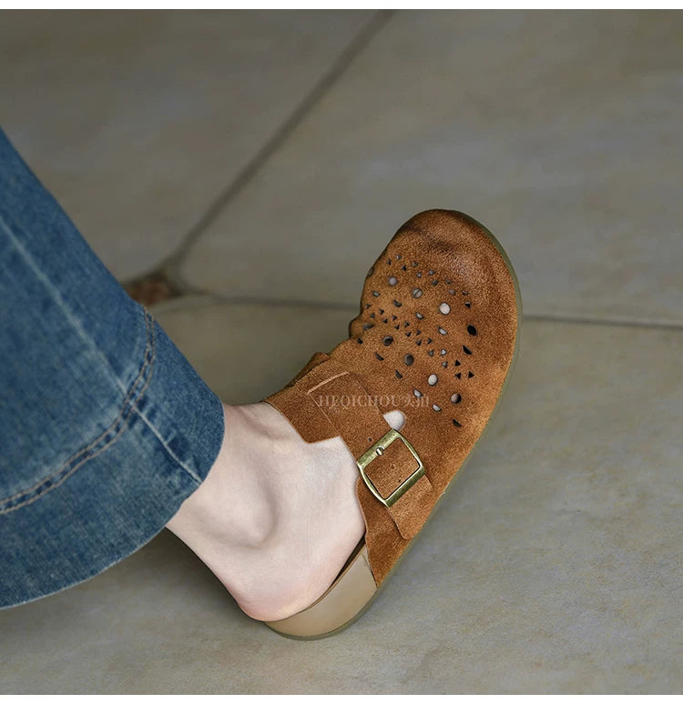 Caspian Buckle Cutout Suede Clogs
