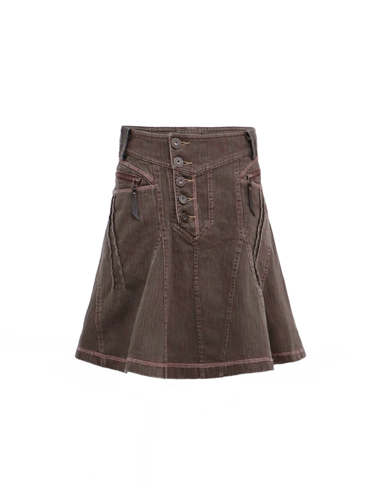 Walnut Panel Button A‑Line Skirt