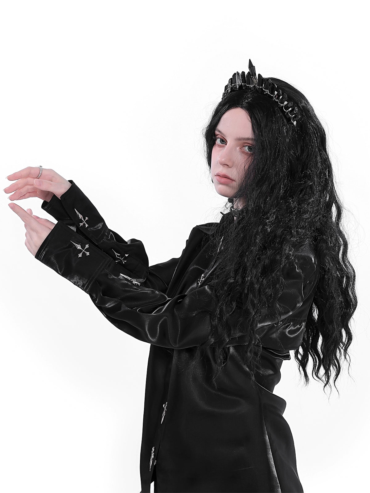 Yubaby Gothic Cross-Embroidered Satin Shirt - Long Sleeve Button-Down With Feather Trim