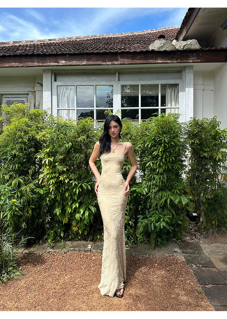 Beige Lace Mermaid Maxi Dress