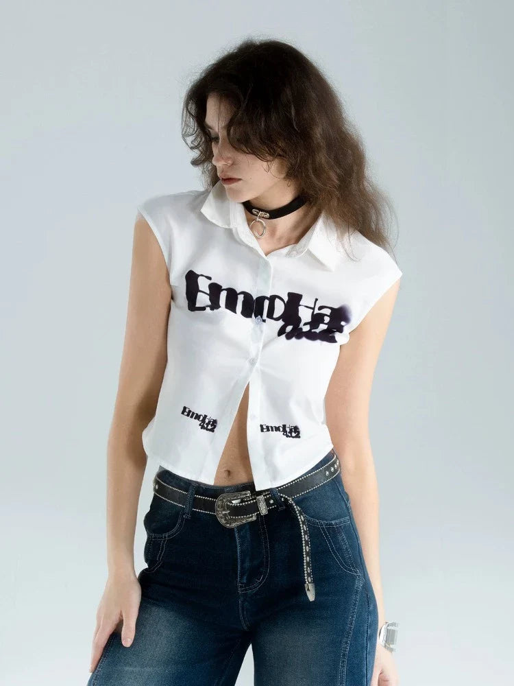 Punk-Inspired Cropped Button-Up Sleeveless Shirt