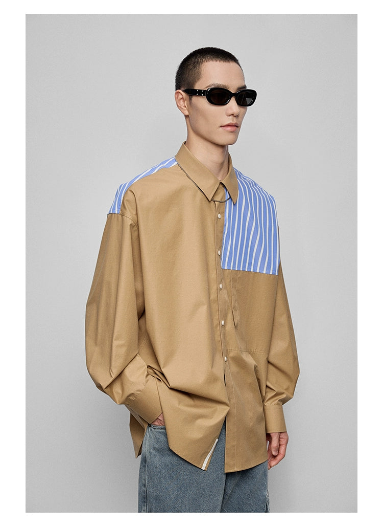 Color-Block Patchwork Pocket Oversized Shirt