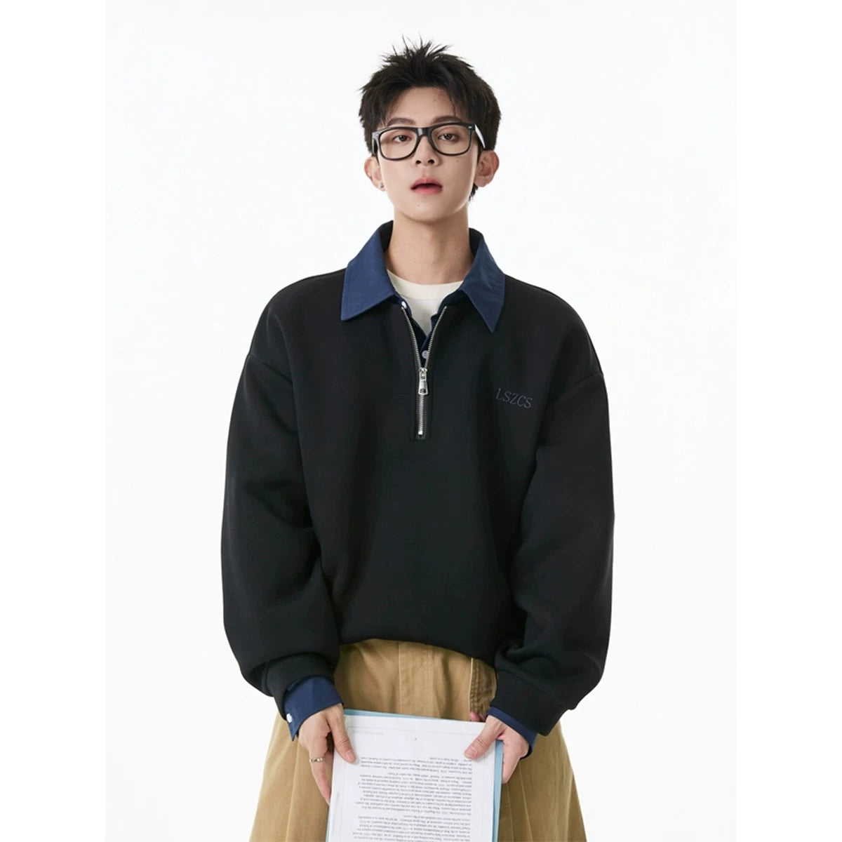 Harbor Crest Contrast-Collar Quarter-Zip Sweatshirt