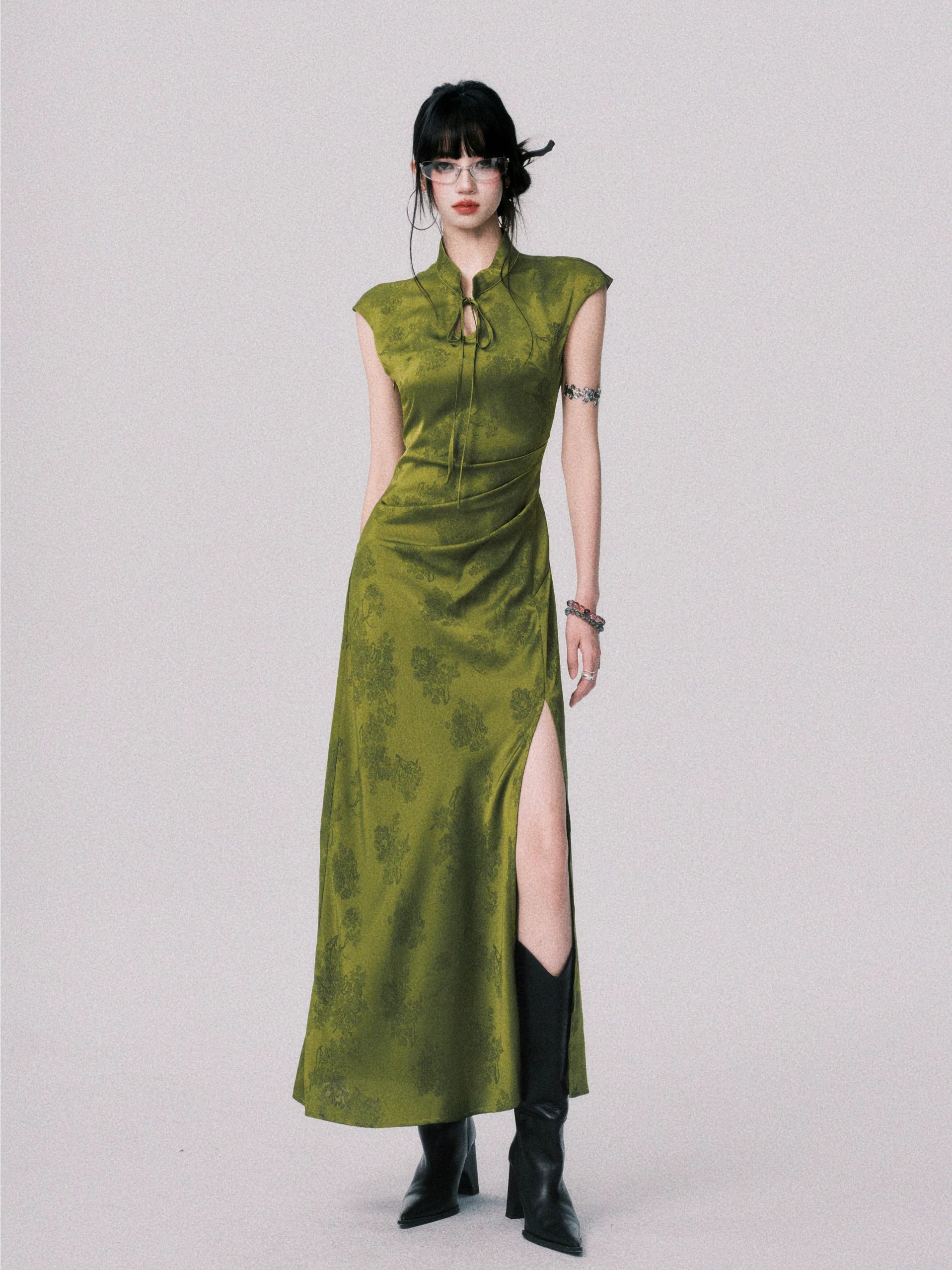 Verdant Whispers Cheongsam Maxi Dress
