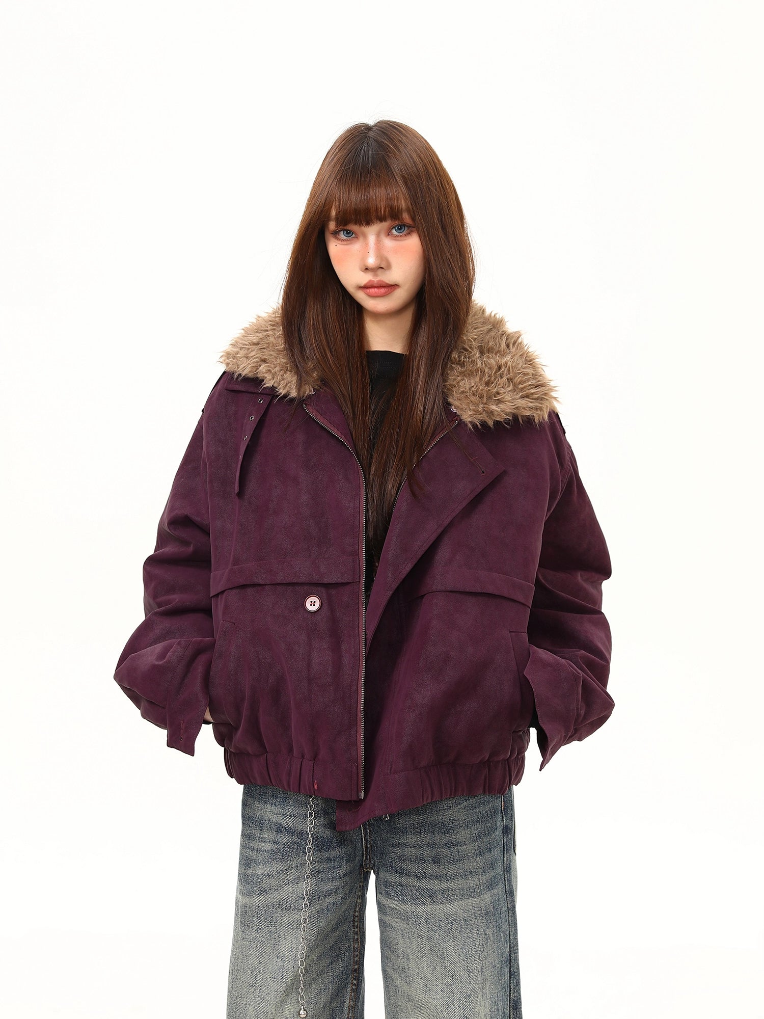 Plum Frost Faux Fur Collar Jacket
