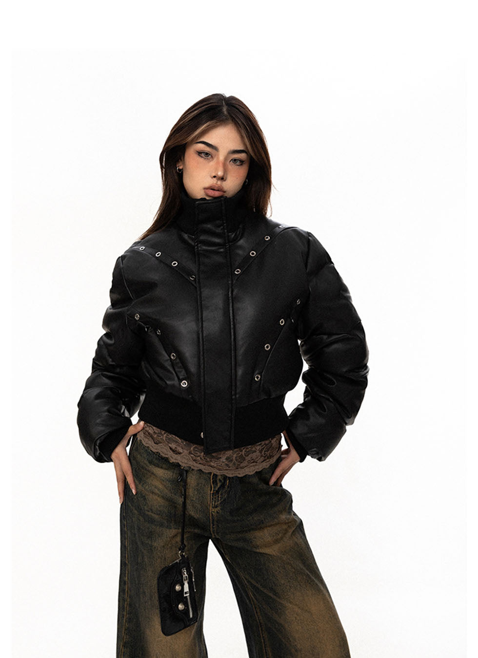 Perforated Eyelet Short Pu Leather Jacket - chiclara