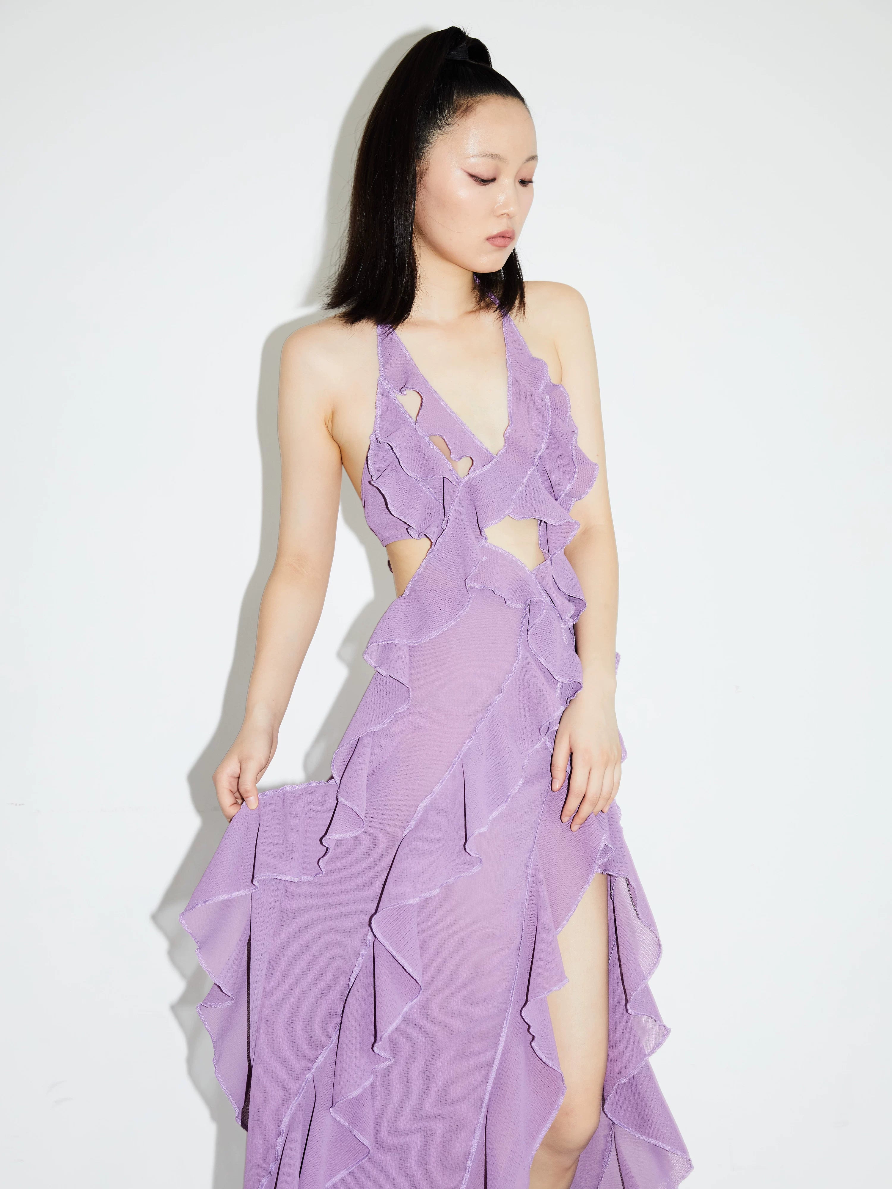 Lavender Ruffle Cutout Maxi Dress