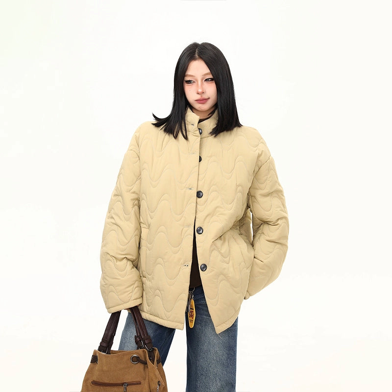 Cream Wave Quilted Stand-Collar Jacket