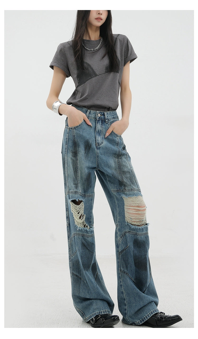 Vintage Distressed And Dirt-Dyed Patchwork Wide-Leg Jeans - chiclara