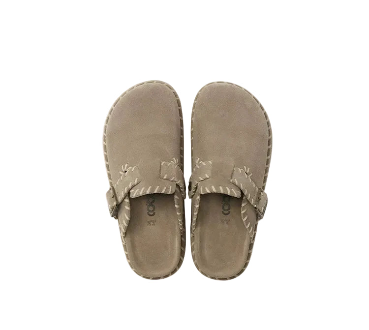 Whipstitch Buckle Suede Mule Clogs