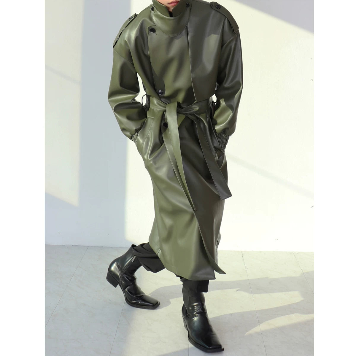 Noir Eclipse Belted Faux Leather Trench Coat