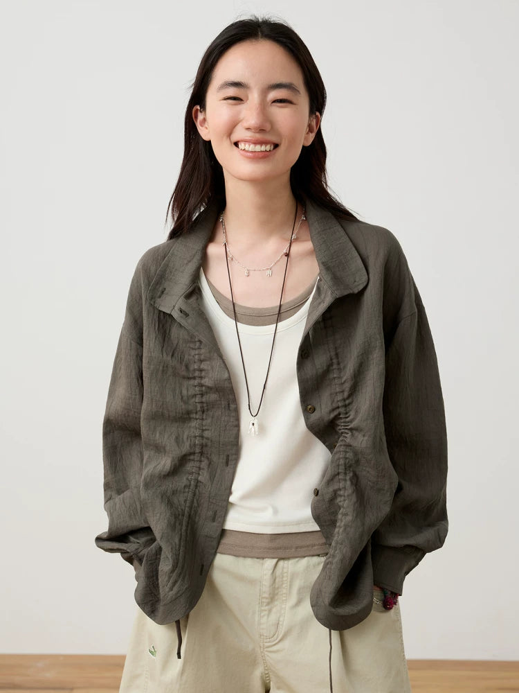 Mandarin Collar Textured Button Blouse