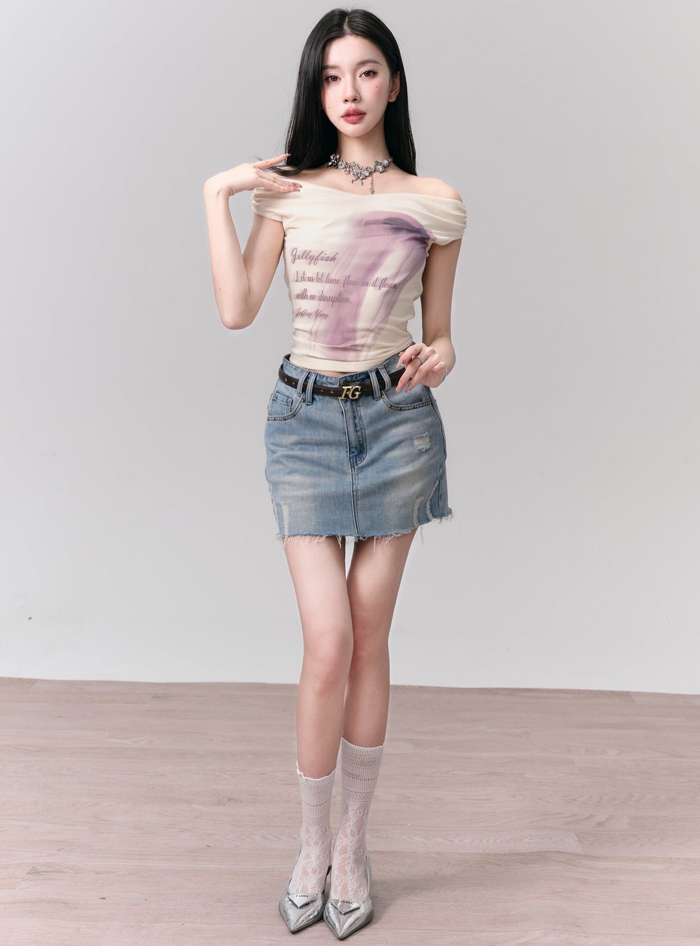 Ethereal Whisper: Off-Shoulder Choker Crop Top with Lavender Ombre Print