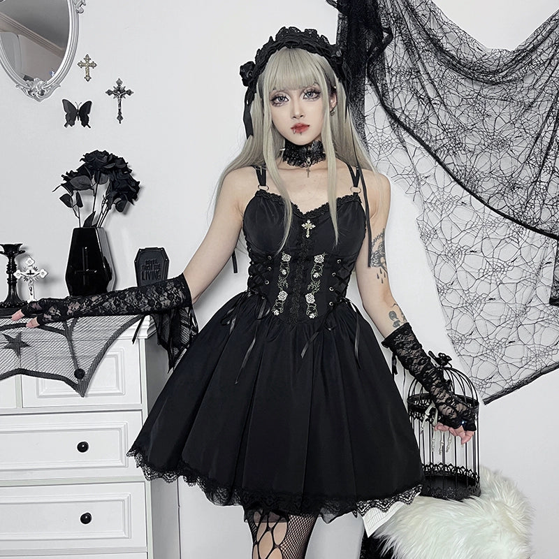 Wannathis Gothic Lolita Dress Set - Black Corset Mini Dress With Lace Bolero And Gloves