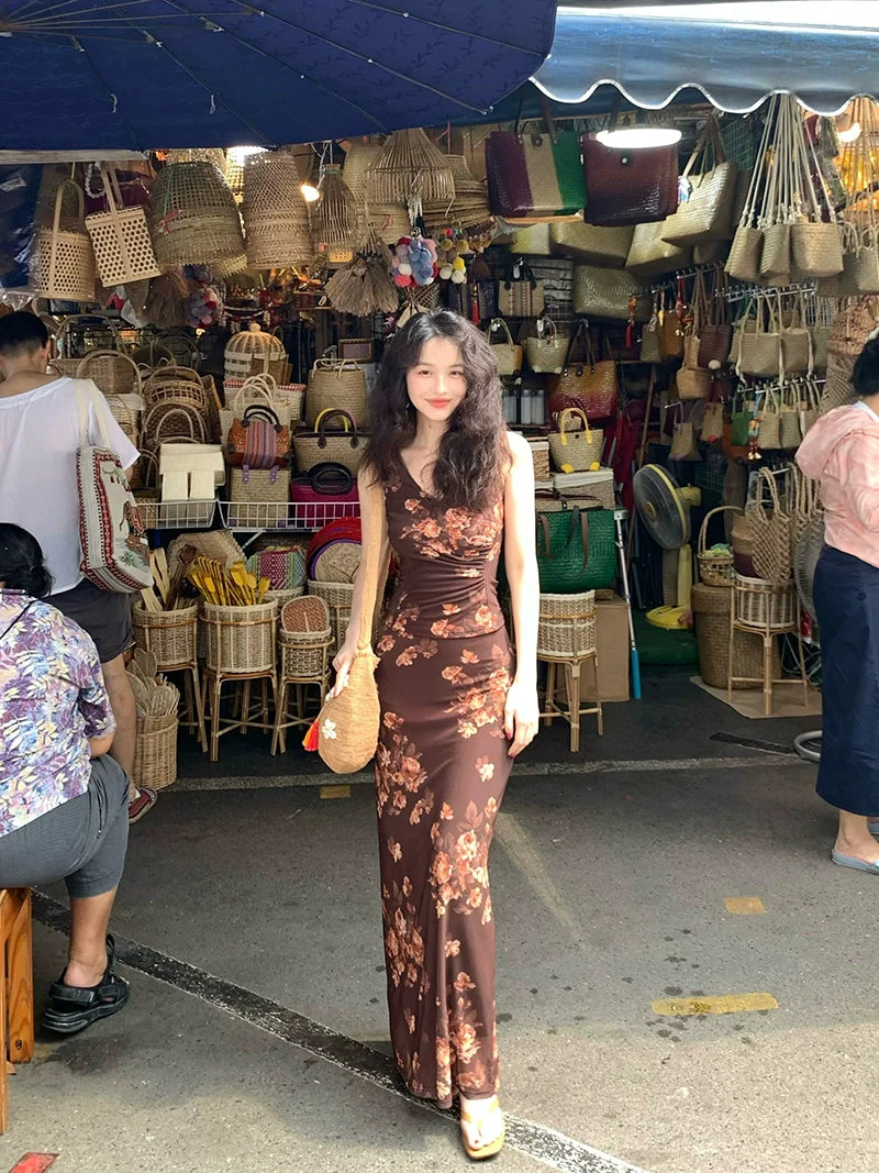 Vintage Brown Floral Print Maxi Skirt