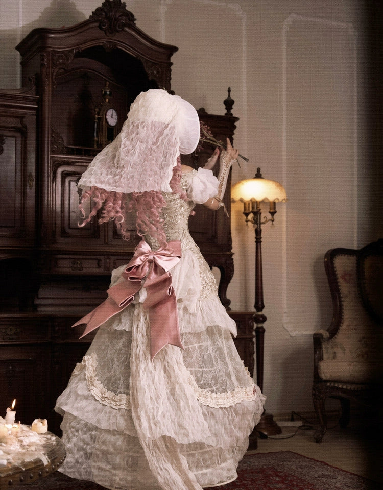 Victorian Ivory Layered Lace Skirt with Pink Bows