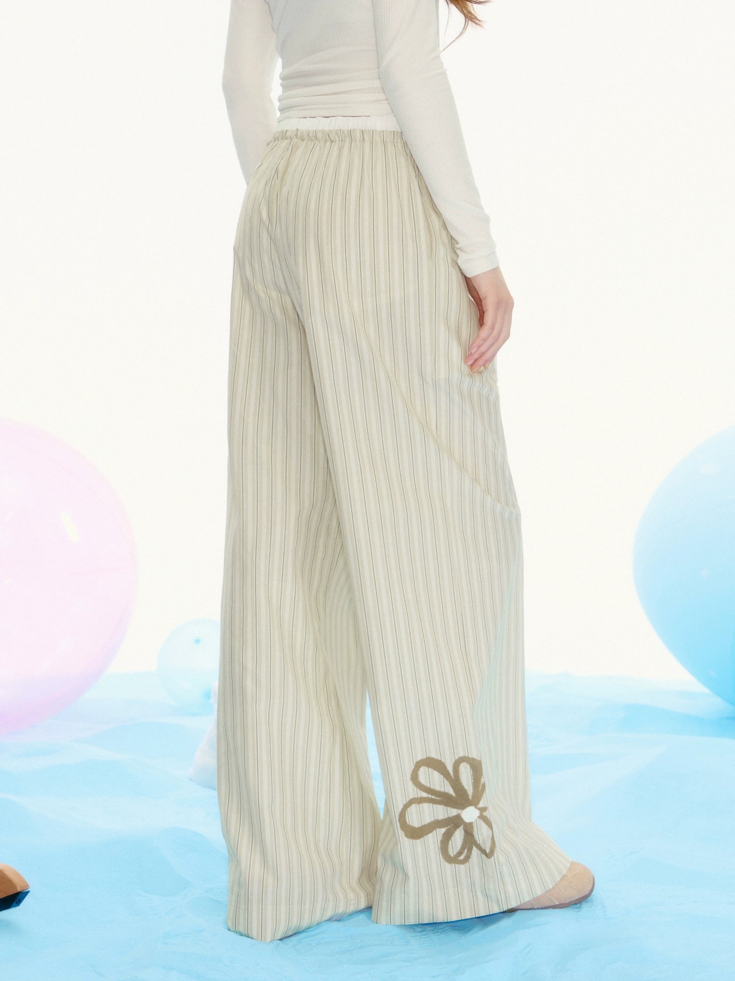 Cream Pinstriped Wide-Leg Palazzo Pants