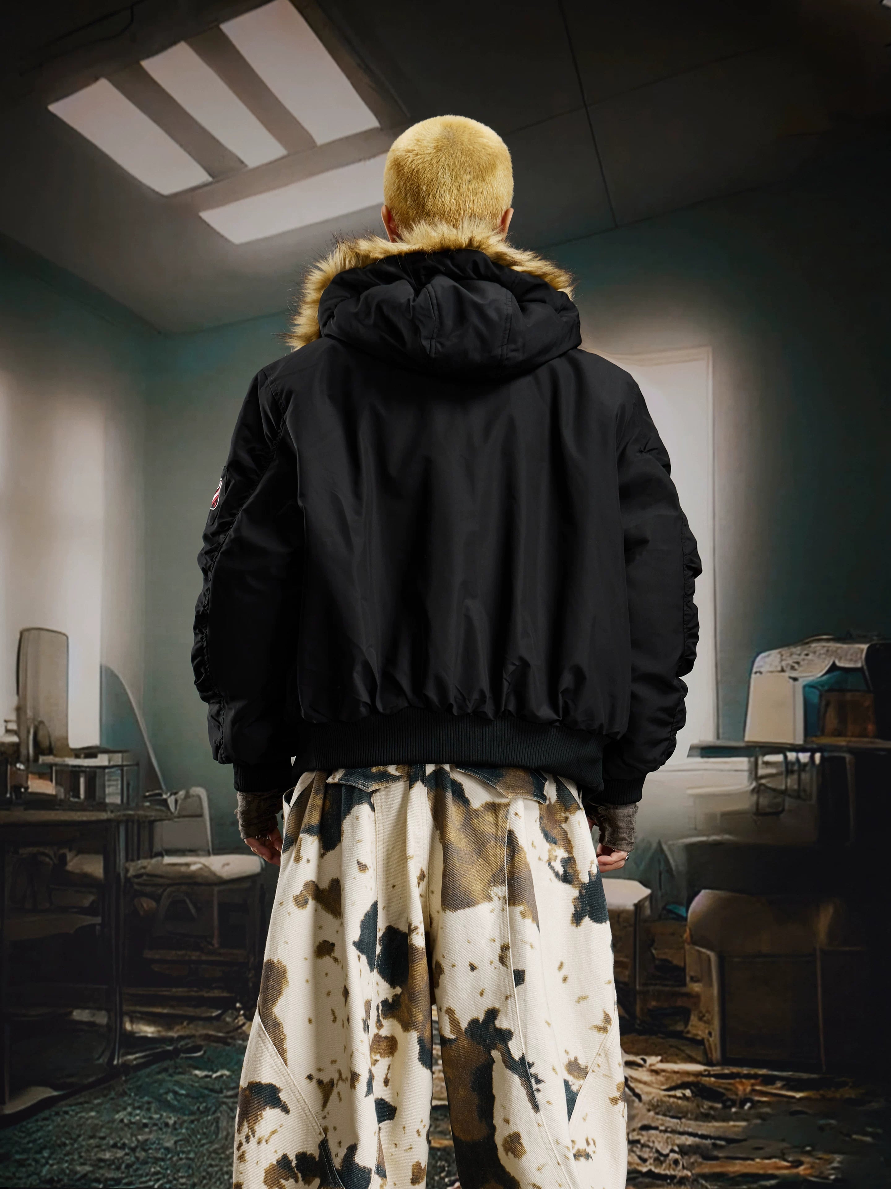 Frostline Fur‑Trim Hooded Bomber Jacket