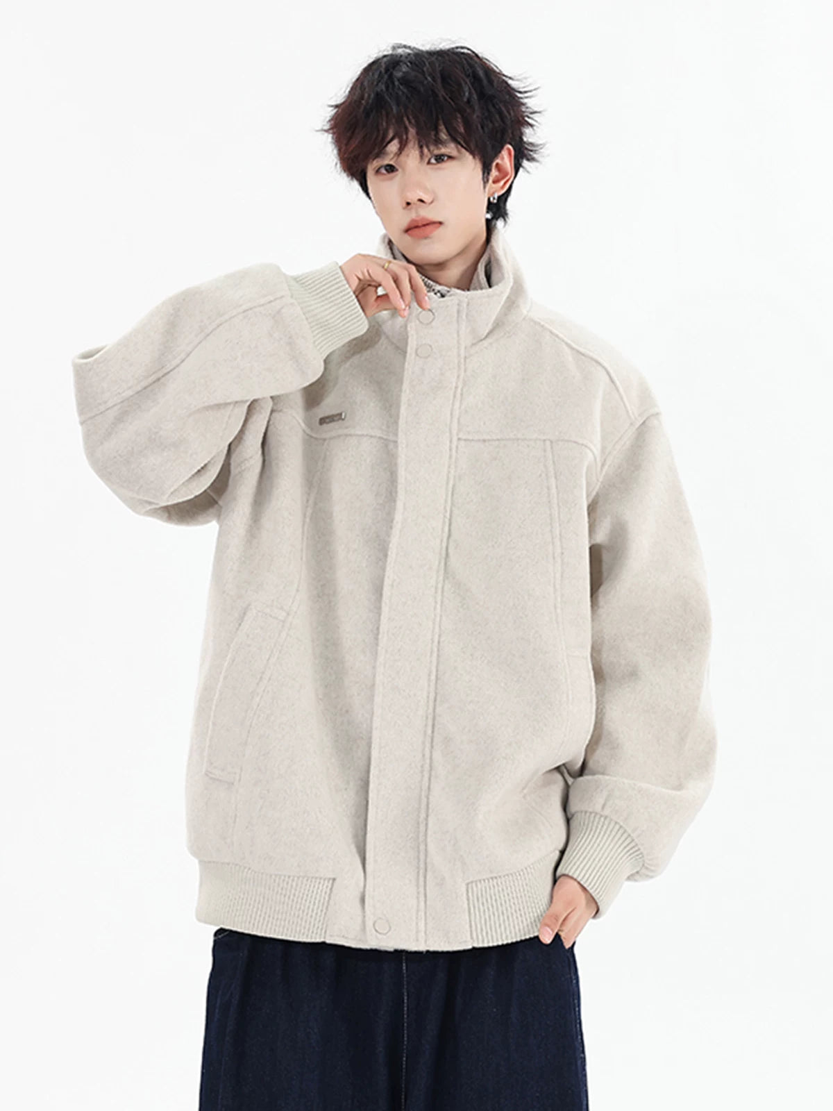 Frostloom Stand‑Collar Wool Bomber Jacket