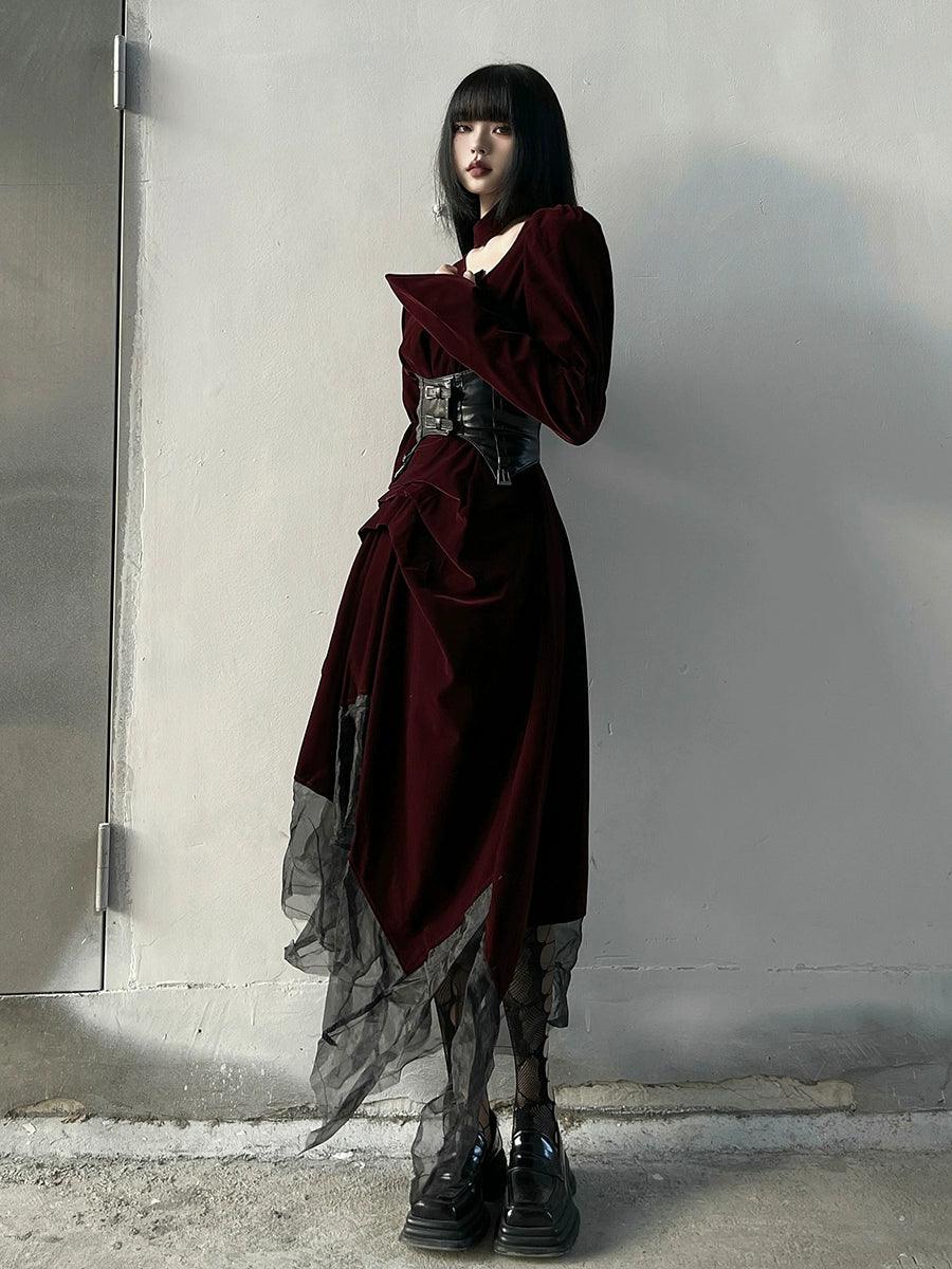 Ladyghost Gothic Victorian Maxi Dress - Women'S Burgundy Velvet And Black Mesh Layered Gown With Corset Belt