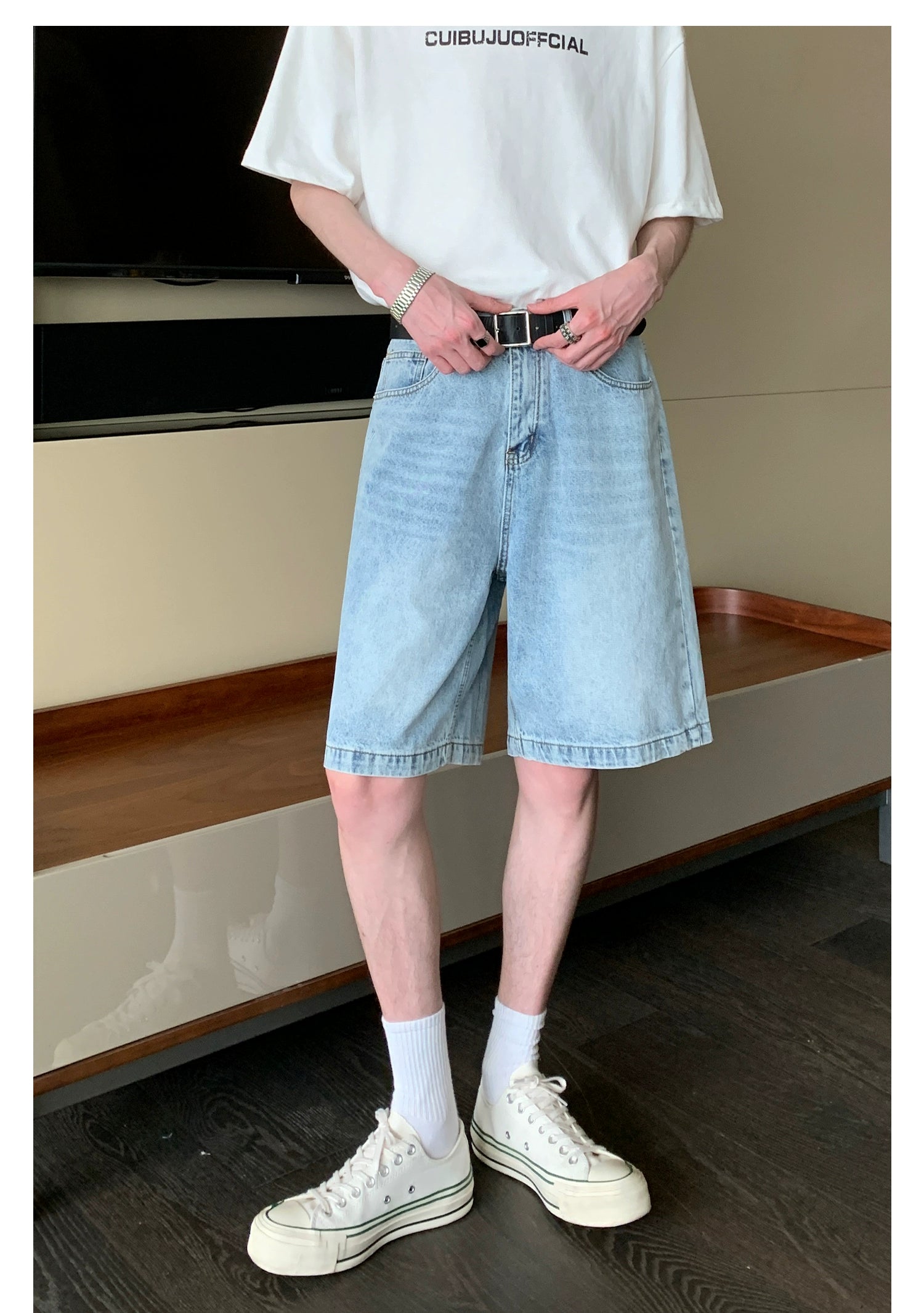 Faded Denim Shorts with Distressed Wash