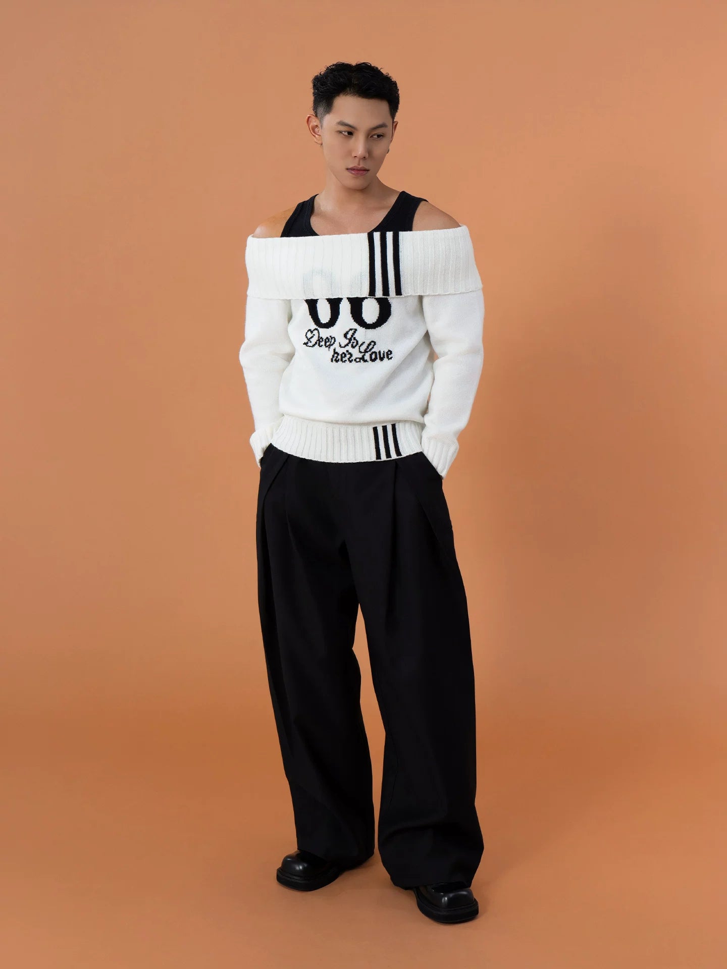 Varsity Drift Off-Shoulder Knit Pullover