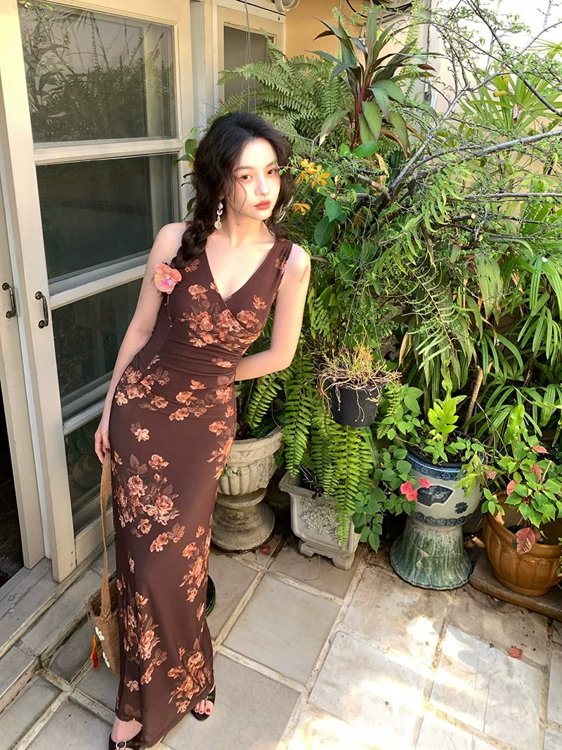 Brown Floral Mesh Tank Top