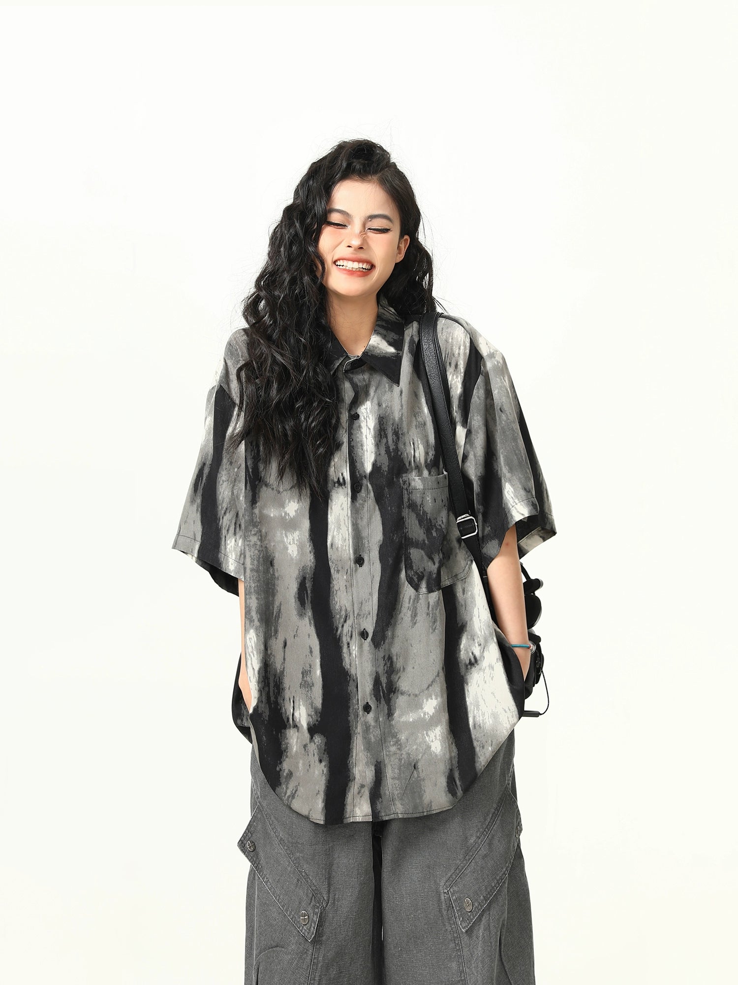 Black Monochrome Watercolor Print Shirt