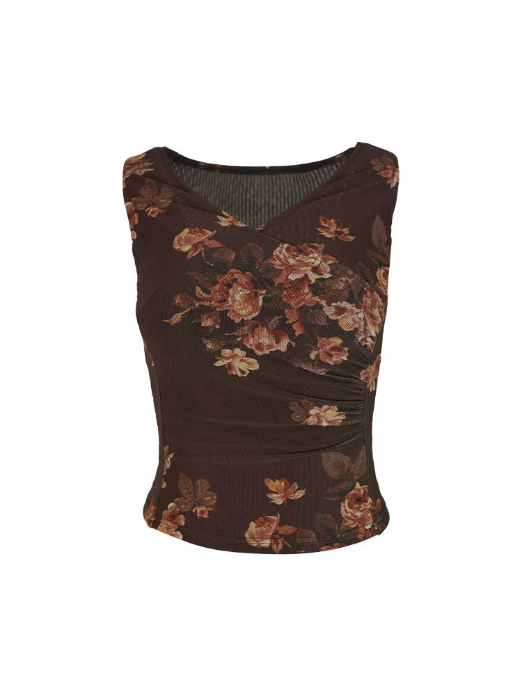 Brown Floral Mesh Tank Top
