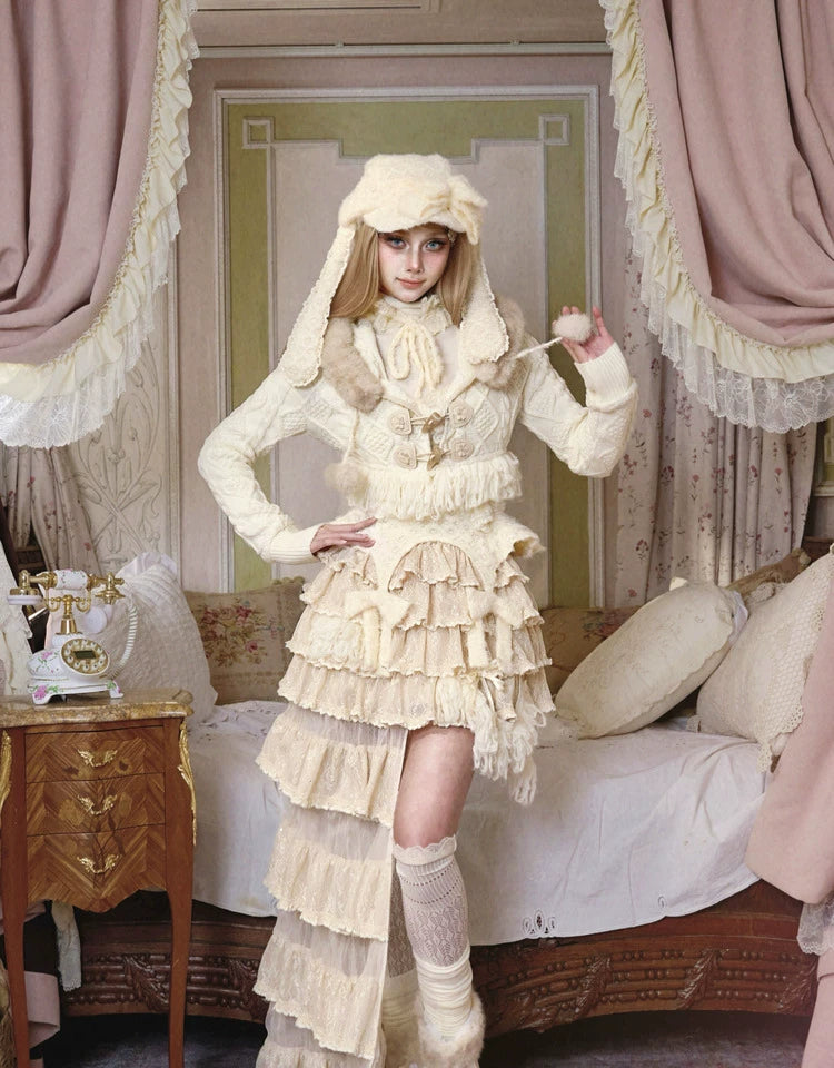 Ivory Fur-Trim Cable Knit Cropped Cardigan