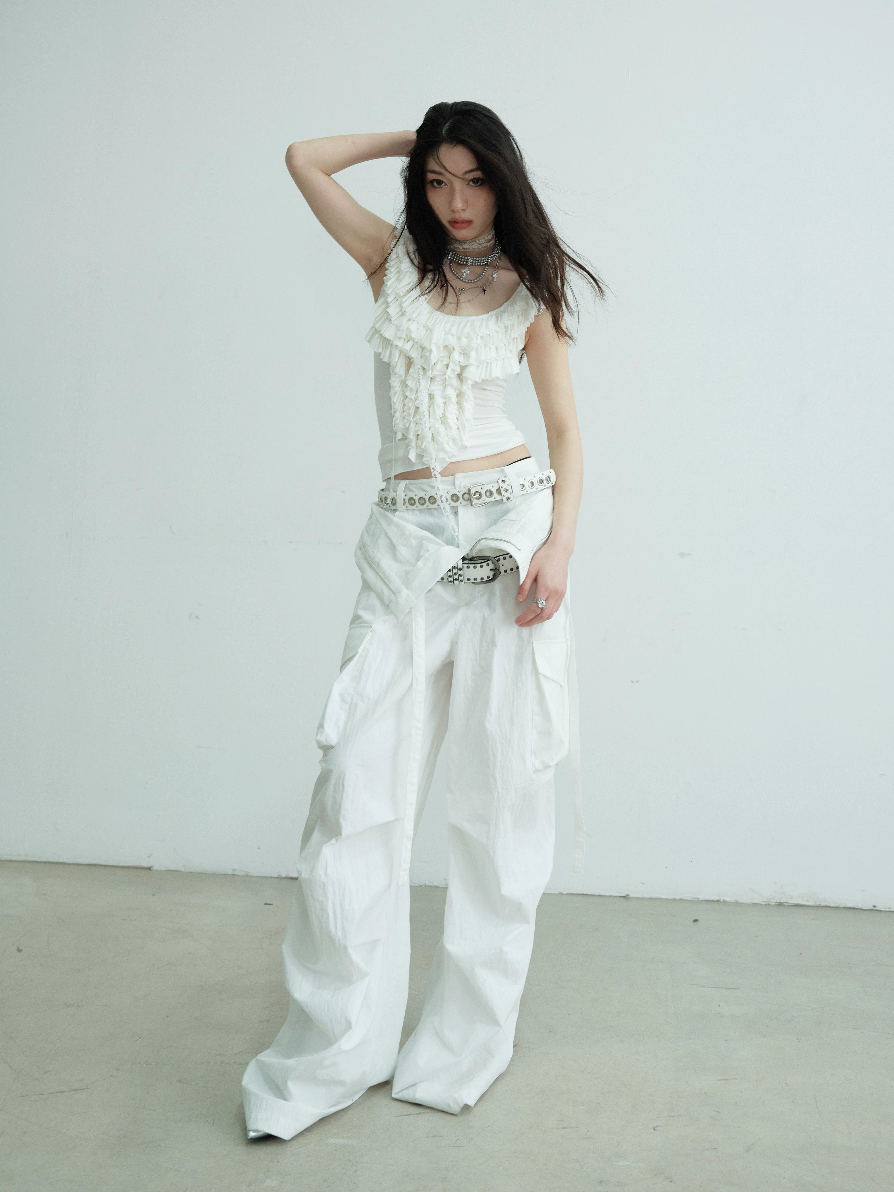 Ruffled Lace Cap Sleeve White Top