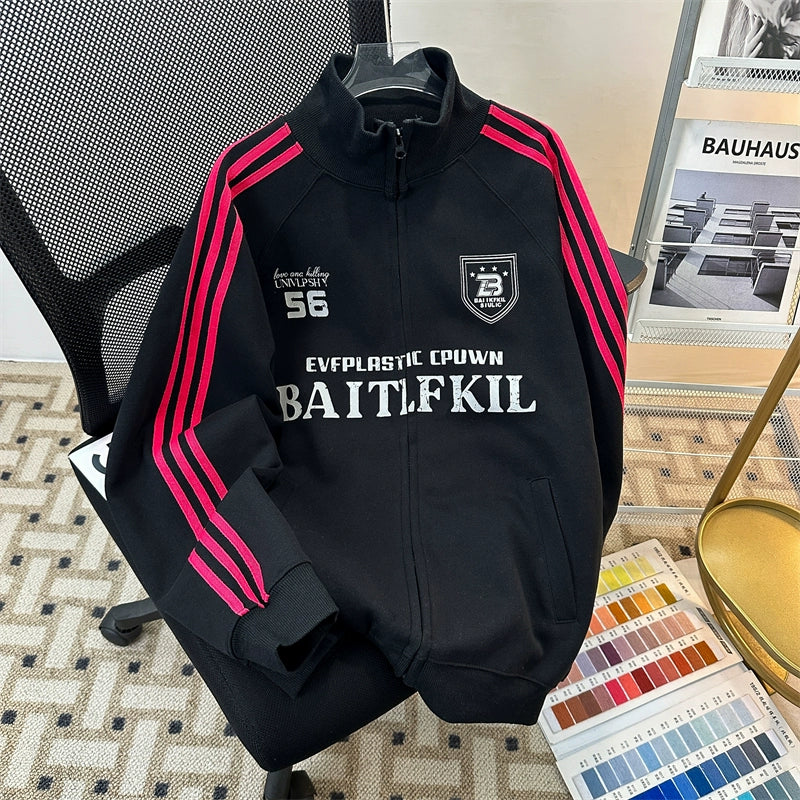 Black Track Jacket with Red Stripes and White Graphic Lettering