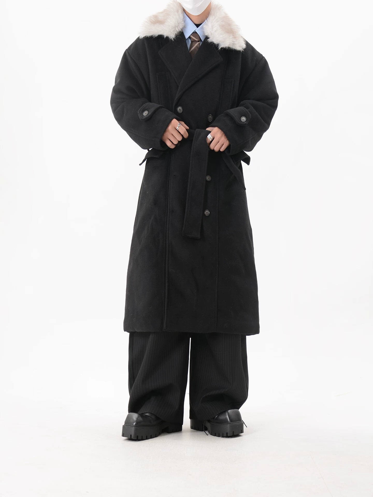 Black Faux Fur Collar Belted Long Coat