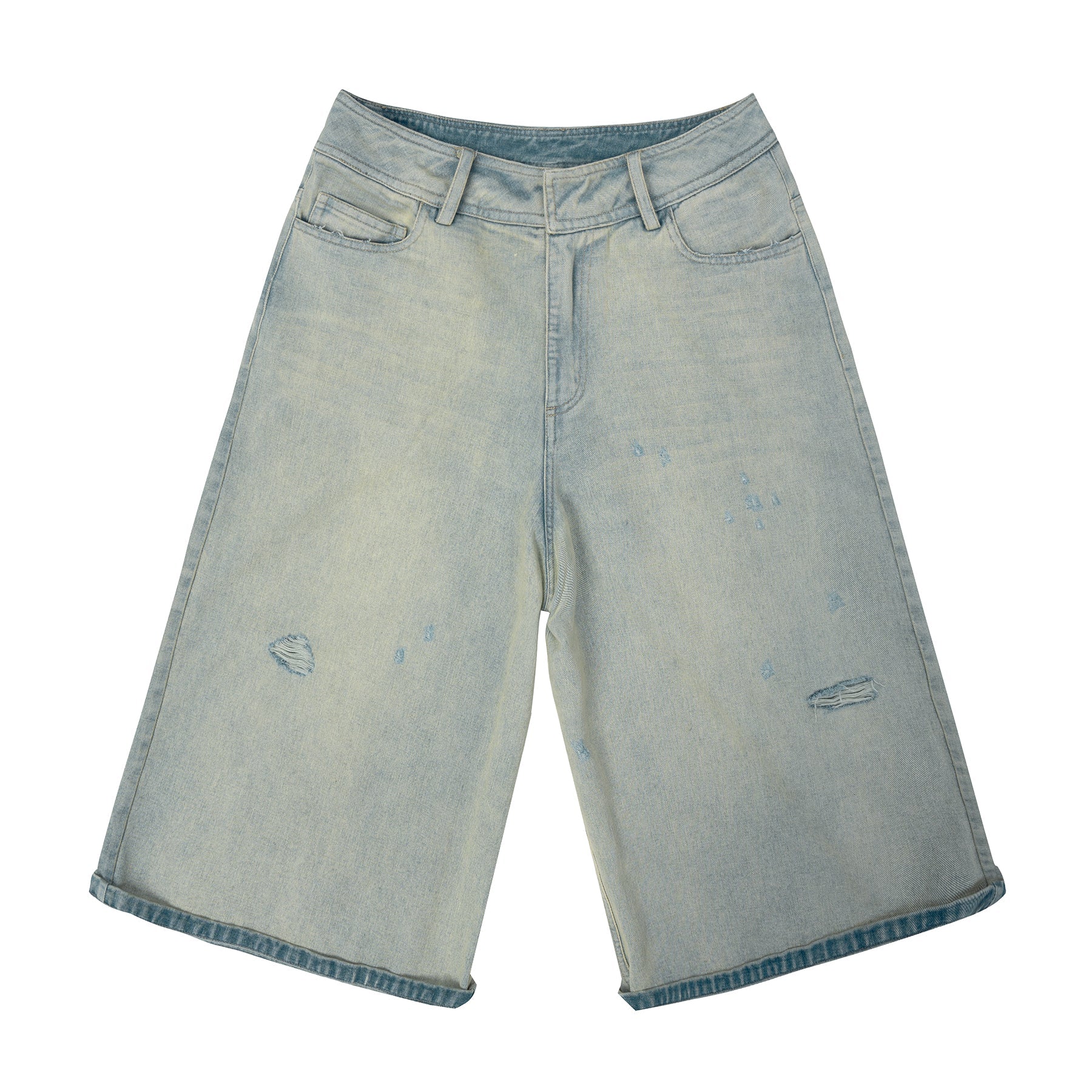 Washed Distressed Hole Denim Shorts - chiclara