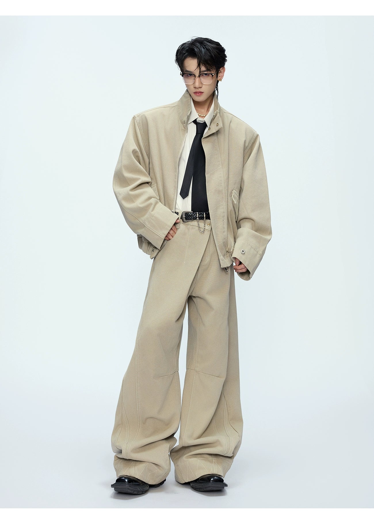 Oversized Bomber Jacket and Wide-Leg Trousers Setup