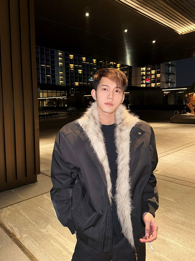Black Bomber Jacket with Light Faux Fur Trimmed Lapel