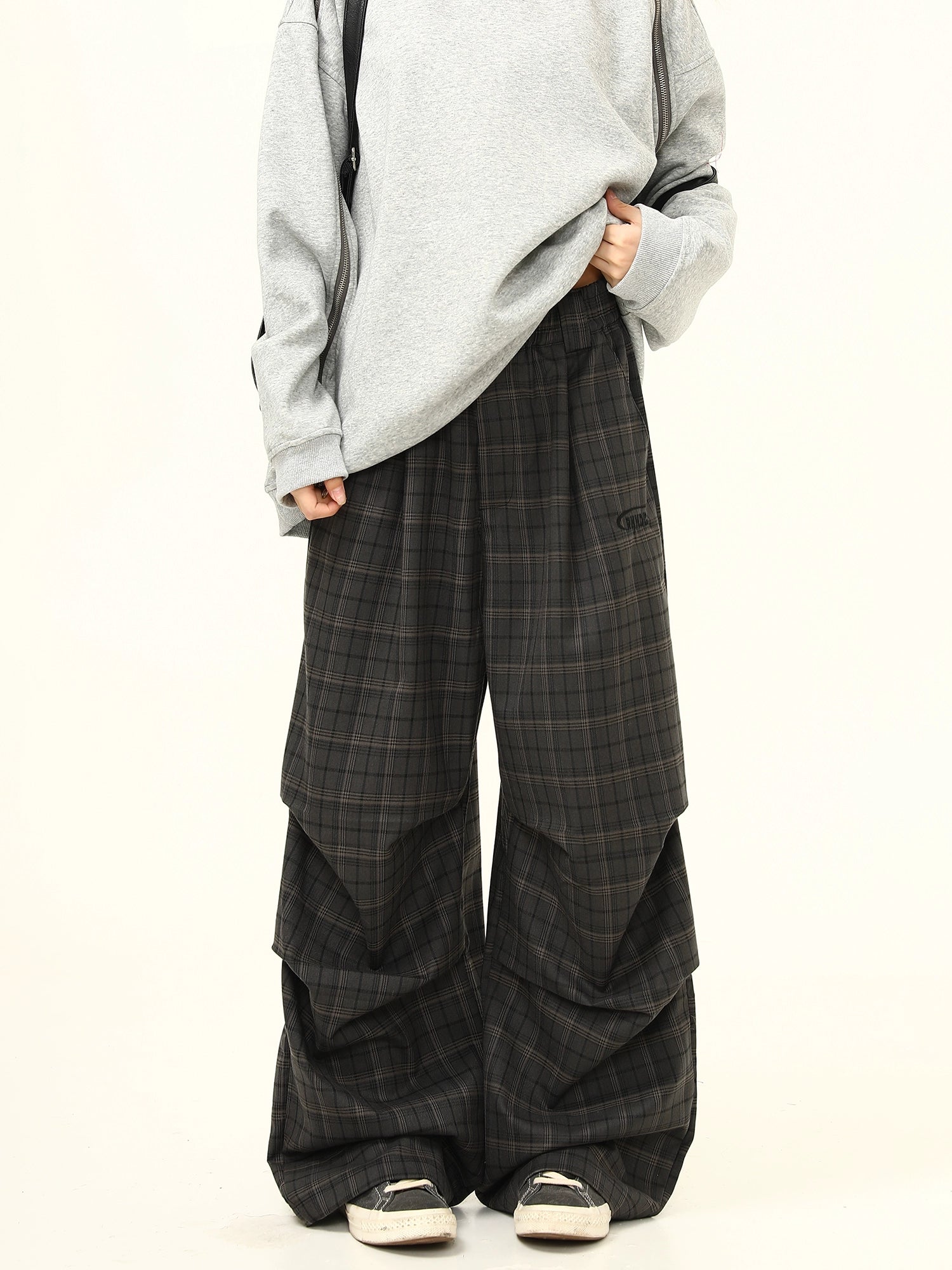 Layered Plaid Wide-Leg Pants