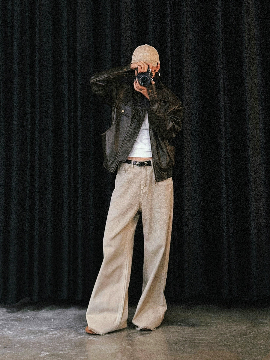 Sandstone Fringe Hem Wide‑Leg Jeans