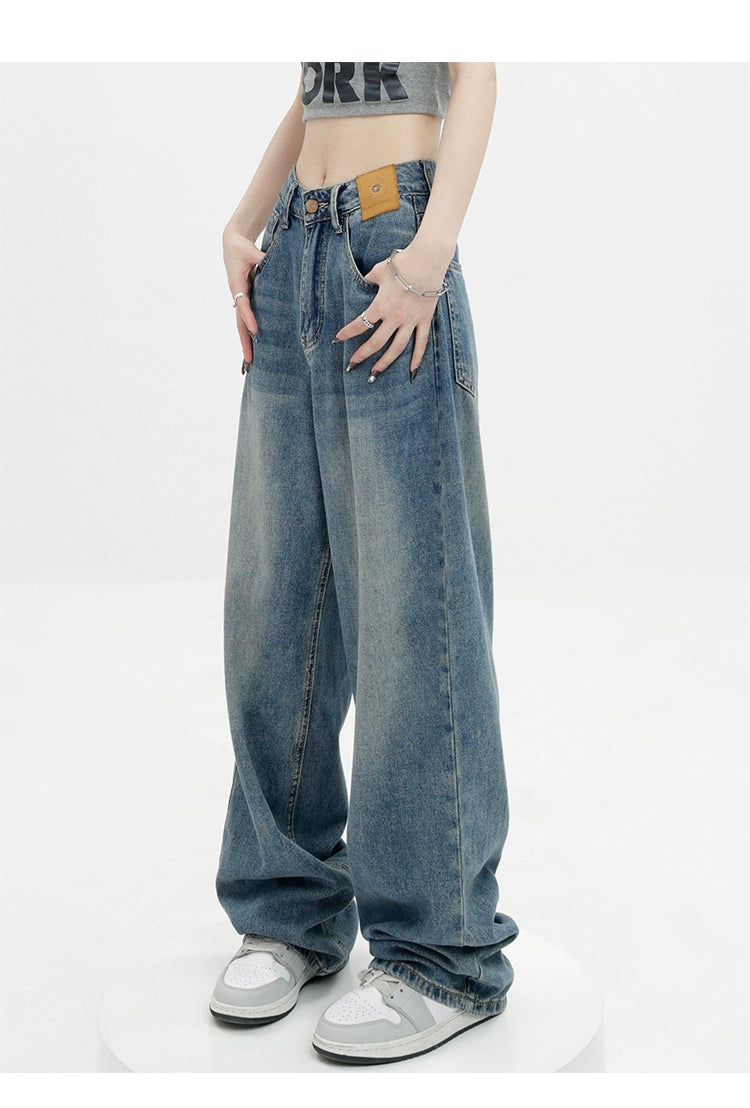 Blue Retro Loose Straight-Leg High-Waist Floor-Length Jeans - chiclara