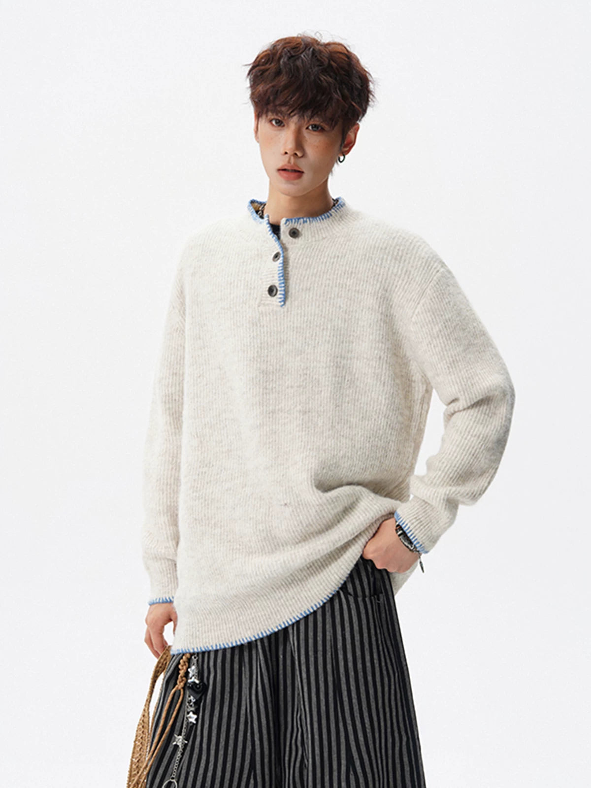 Coastal Trim Textured Henley Sweater